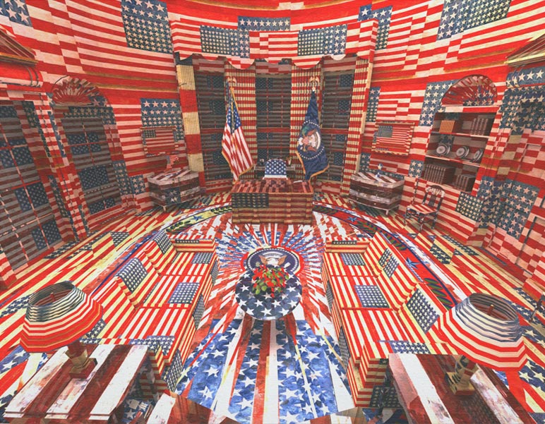 Intervención en un espacio con la bandera estadounidense. Arte postinternet. 