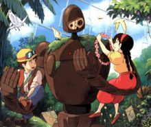 Robot sosteniendo a dos niños en un área verde. Heroínas de Studio Ghibli.