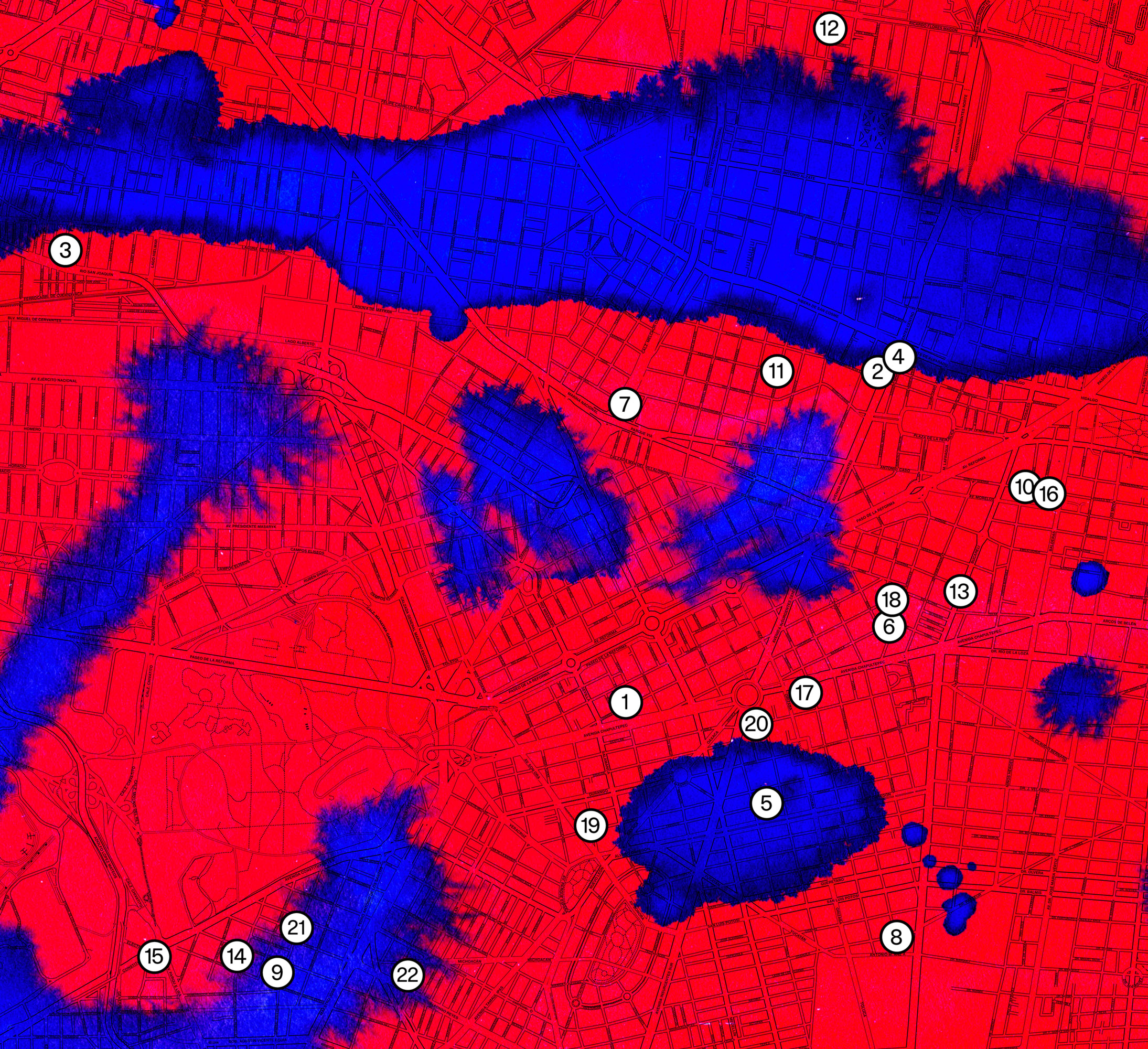 Plano urbano en rojo y azul. Agenda abril. 