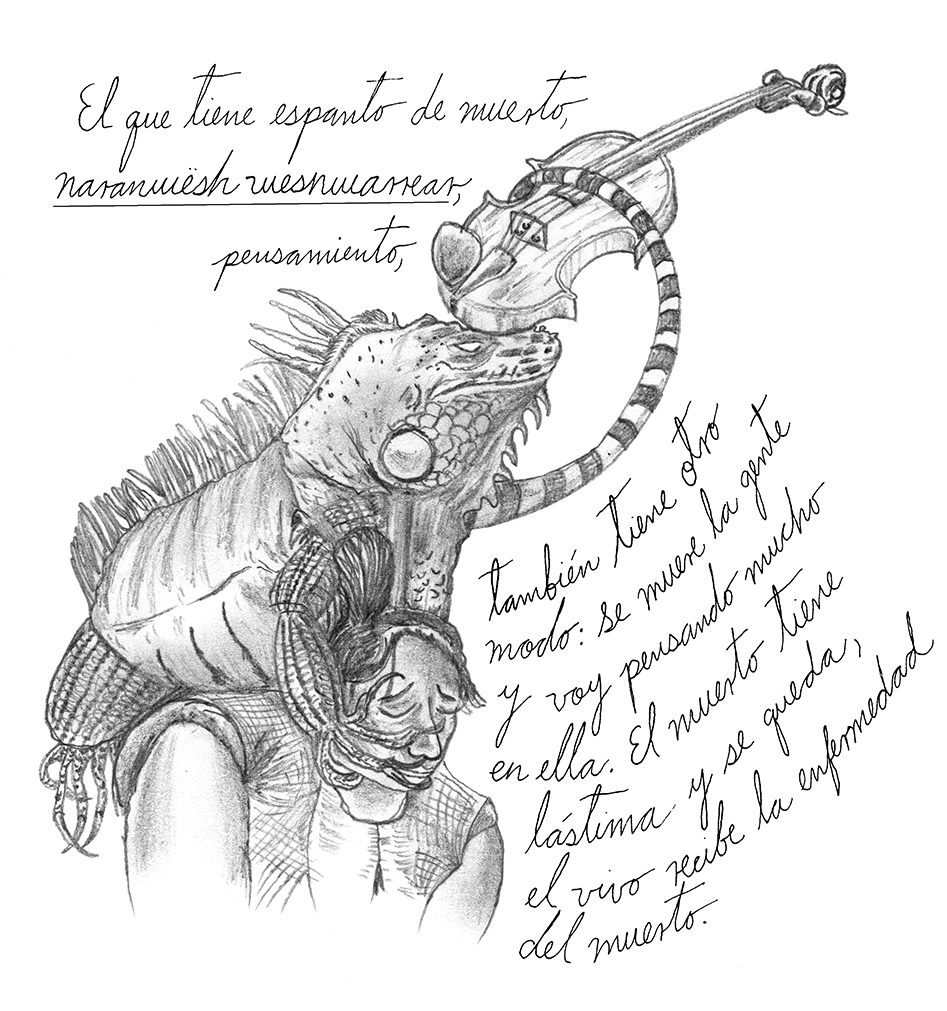 Dibujo de iguana sosteniendo un violín. Huaves.