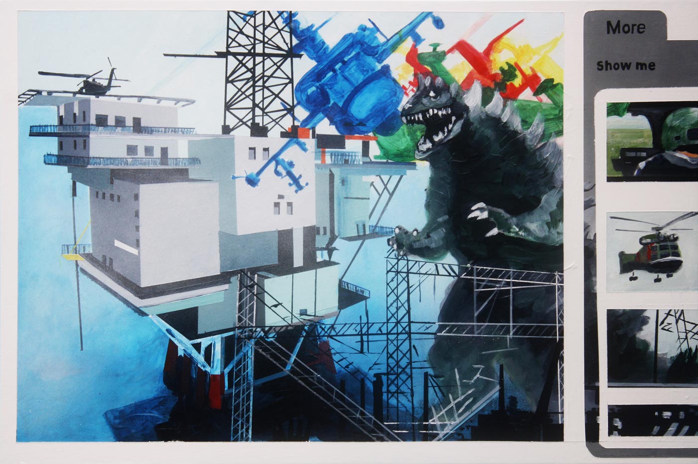 Pintura de plataforma petrolera y Godzilla. Huachicoleros.