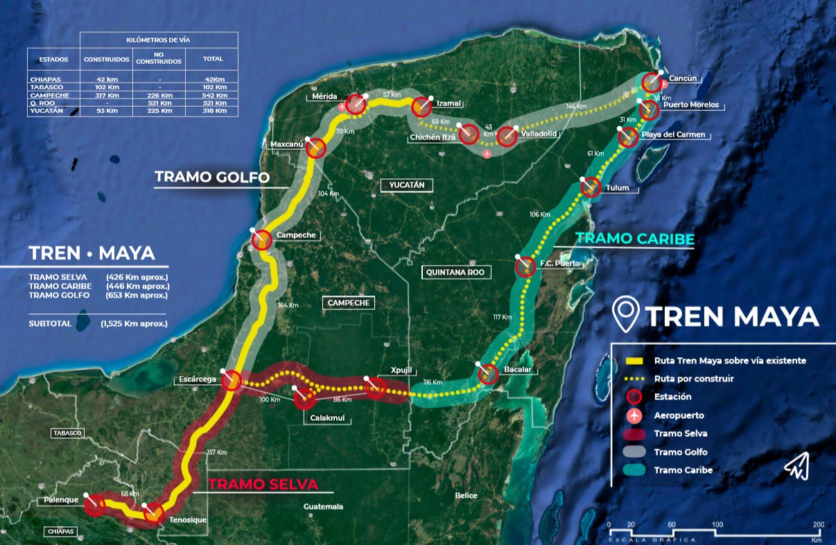 Mapa de la península de Yucatán. Tren Maya impacto socioambiental. 