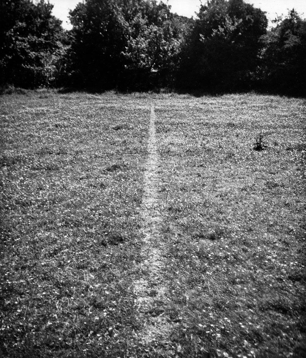 Fotografía de línea blanca sobre el pasto. Land art. 